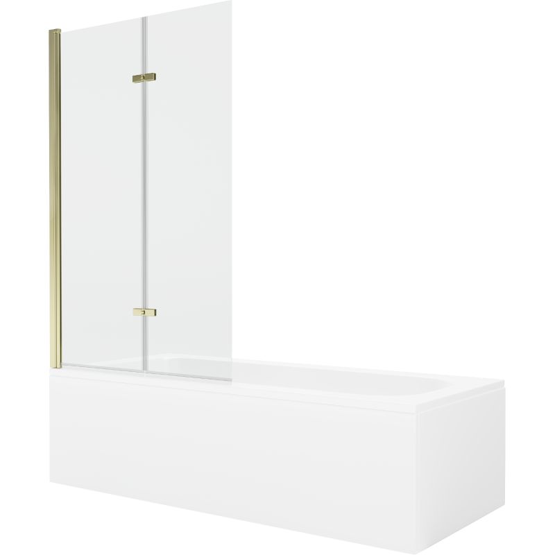 Rektangulært badekar Mexen Vega 180 x 80 cm med front- og sidebeklædning samt 2-fløjet brusevæg 100 cm i transparent glas med guldfinish, 1 sæt