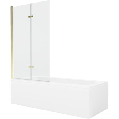 Rektangulært badekar Mexen Vega 180 x 80 cm med front- og sidebeklædning samt 2-fløjet brusevæg 100 cm i transparent glas med guldfinish, 1 sæt