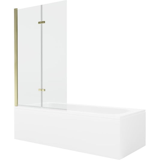 Rektangulært badekar Mexen Vega 180 x 80 cm med front- og sidebeklædning samt 2-fløjet brusevæg 100 cm i transparent glas med guldfinish, 1 sæt