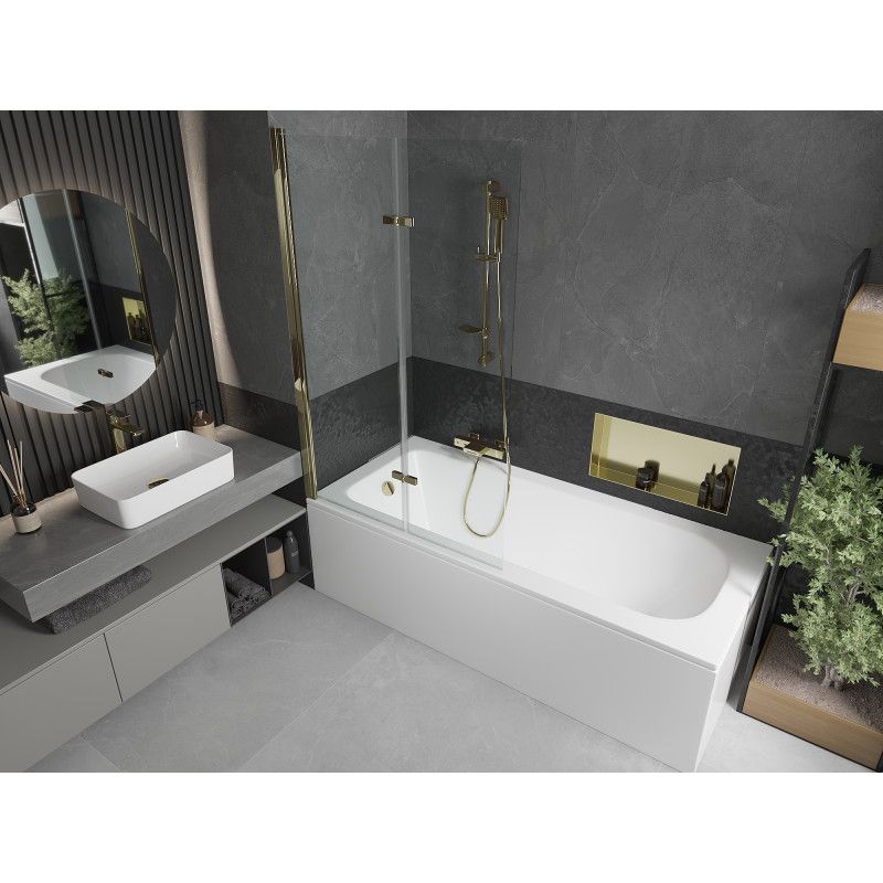 Rektangulært badekar Mexen Vega 180 x 80 cm med front- og sidebeklædning samt 2-fløjet brusevæg 100 cm i transparent glas med guldfinish, 1 sæt