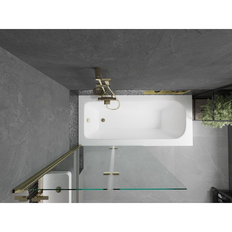 Rektangulært badekar Mexen Vega 180 x 80 cm med front- og sidebeklædning samt 2-fløjet brusevæg 100 cm i transparent glas med guldfinish, 1 sæt