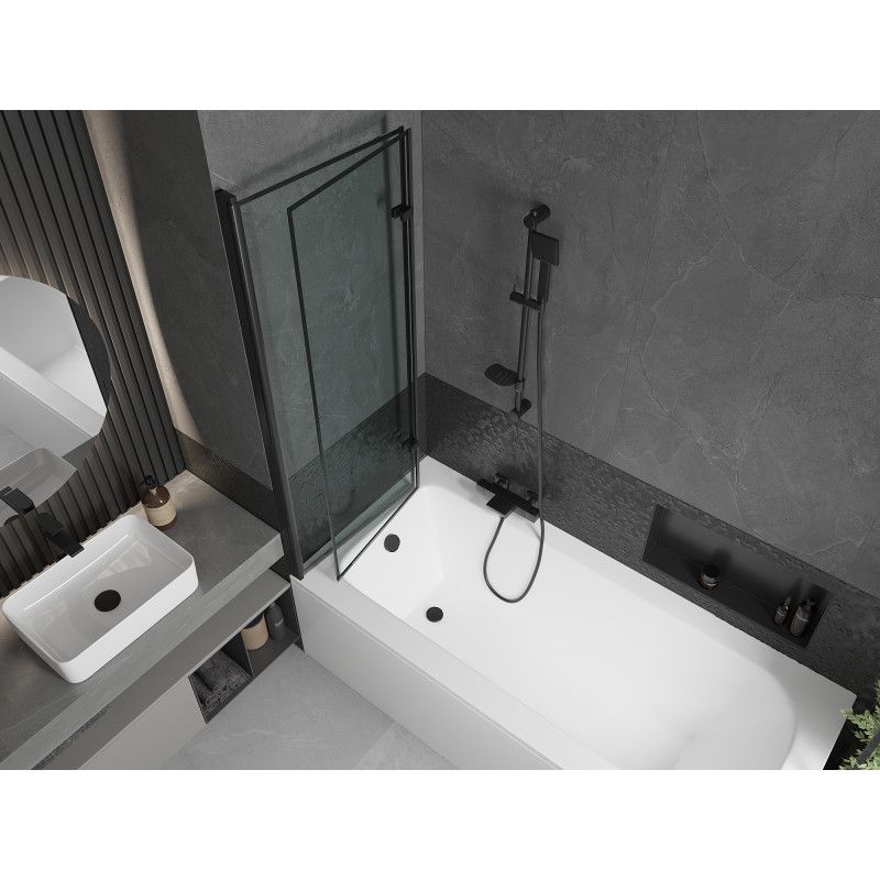 Rektangulært badekar Mexen Vega 180 x 80 cm med frontpanel og 2-fløjet brusevæg 120 cm i mat-sort mønster, komplet sæt