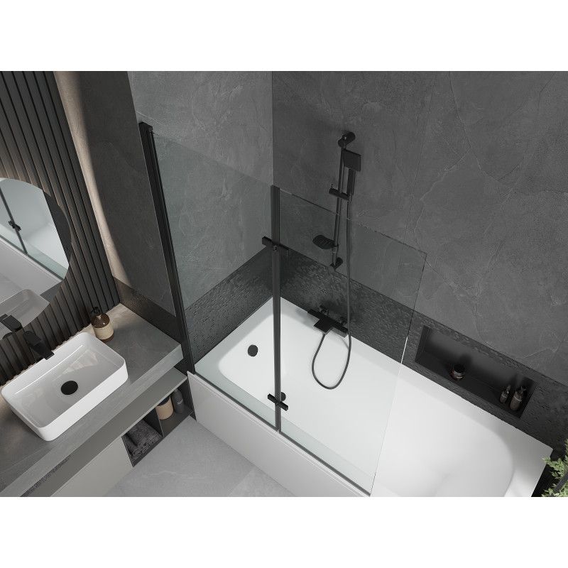 Rektangulært badekar Mexen Vega 180 x 80 cm med frontpanel og 2-fløjet brusevæg 120 cm transparent sort 1 sæt