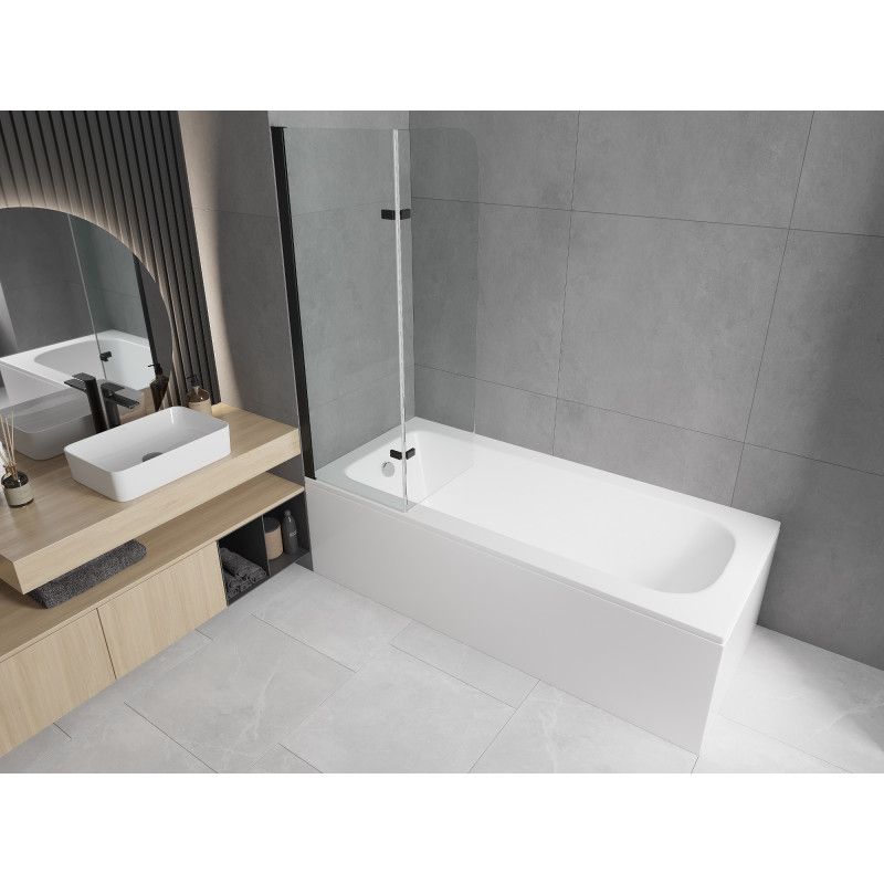 Rektangulært badekar Mexen Vega 180 x 80 cm med frontpanel og 2-fløjet brusevæg 80 cm transparent sort 1 sæt