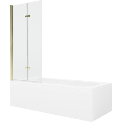 Rektangulært badekar Mexen Vega 180 x 80 cm med front- og sidepanel samt 2-fløjet brusevæg 80 cm transparent med guldfinish, 1 sæt