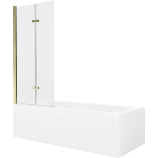 Rektangulært badekar Mexen Vega 180 x 80 cm med front- og sidepanel samt 2-fløjet brusevæg 80 cm transparent med guldfinish, 1 sæt