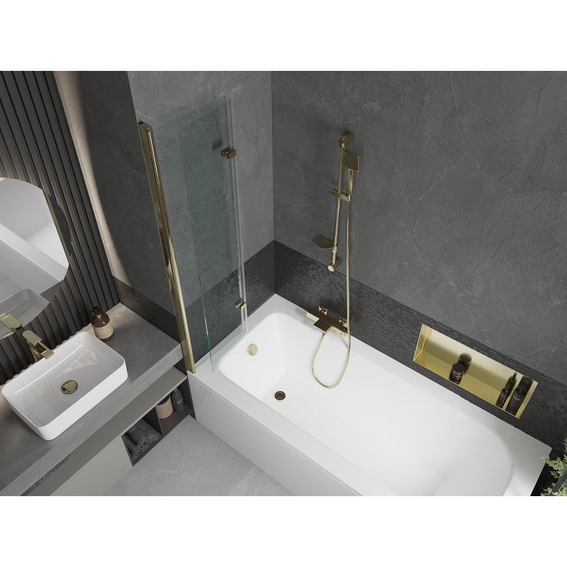 Rektangulært badekar Mexen Vega 180 x 80 cm med front- og sidepanel samt 2-fløjet brusevæg 80 cm transparent med guldfinish, 1 sæt