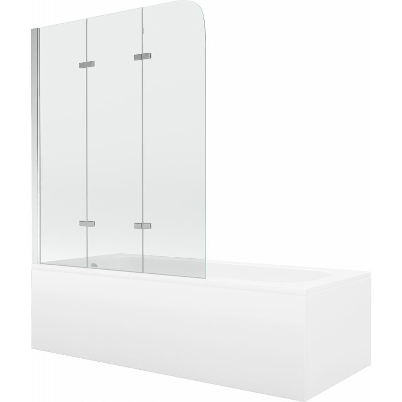 Rektangulært badekar Mexen Vega 180 x 80 cm med frontpanel og 3-fløjet brusevæg 120 cm transparent krom 1 sæt