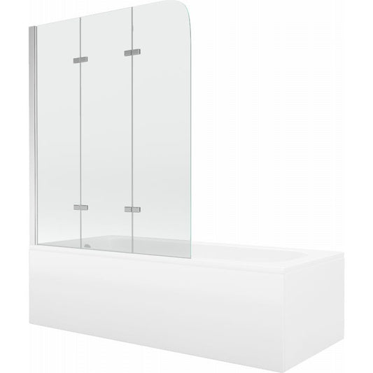 Rektangulært badekar Mexen Vega 180 x 80 cm med frontpanel og 3-fløjet brusevæg 120 cm transparent krom 1 sæt