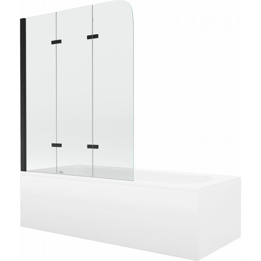 Rektangulært badekar Mexen Vega 180 x 80 cm med front- og sidepanel samt 3-fløjet brusevæg 120 cm i transparent sort
