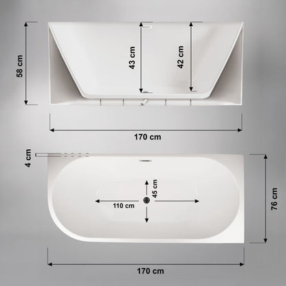 Vægmonteret Badekar Højrevendt 170x76 cm Hvid Akryl med Syfon