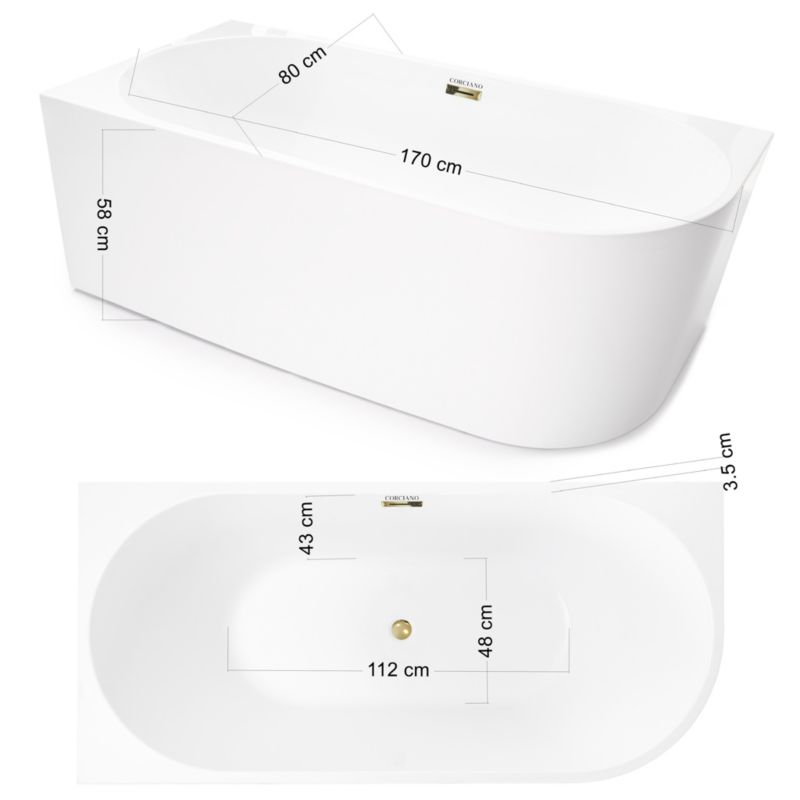 Fritstående badekar Corciano Pula venstre 170x80 cm med gulddetaljer 1 stk.