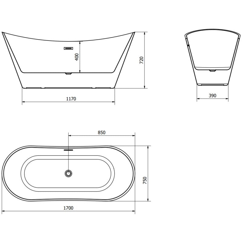 Fritstående badekar Mexen Celia 170 x 75 cm hvid/sort med overløb gun metal 1 stk.