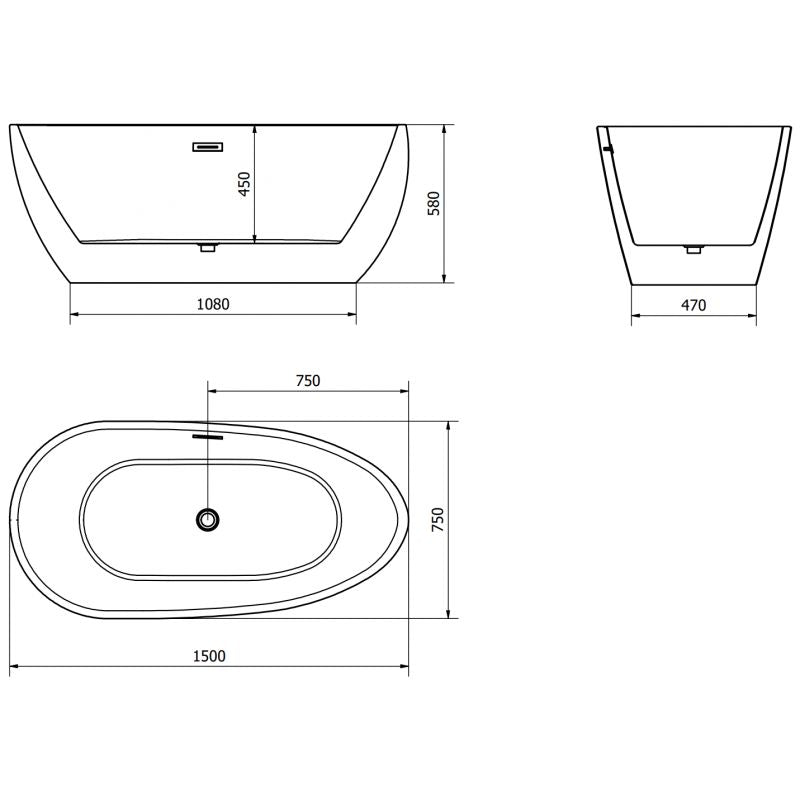 Mexen Eos fritstående badekar 150 x 75 cm hvid med gun gray børstet overløb, 1 stk.