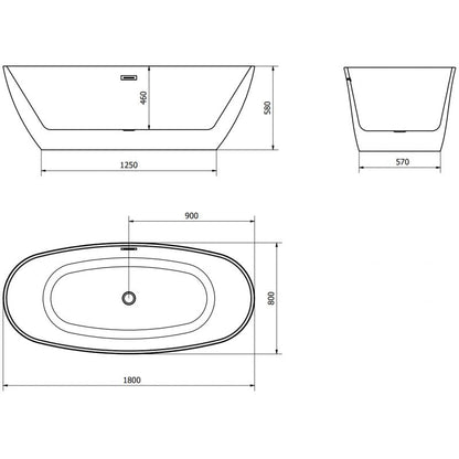 Fritstående badekar Mexen Eris 180 x 80 cm hvid/sort med overløb i rosaguld, 1 stk.