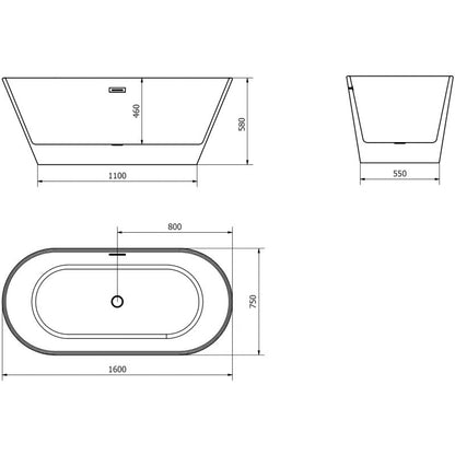 Mexen Flavia fritstående badekar 160 x 75 cm hvid/sort med sort overløb, 1 stk.