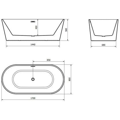 Mexen Luna fritstående badekar 170 x 80 cm hvid med overløb i børstet nikkel, 1 stk.