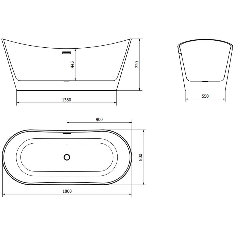 Fritstående badekar Mexen Montana 180 x 80 cm hvid/sort med overløb gun gray børstet 1 stk.