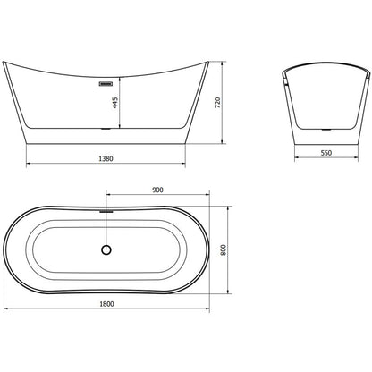 Fritstående badekar Mexen Montana 180 x 80 cm hvid/sort med overløb gun gray børstet 1 stk.