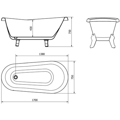 Fritstående badekar Mexen Retro 170 x 75 cm hvid/sorte ben hvide 1 stk.