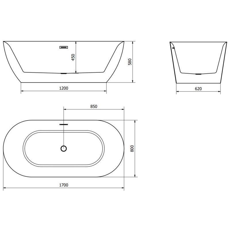 Fritstående badekar Mexen Roxy 170 x 80 cm hvid/sort med overløb gun gray børstet 1 stk.