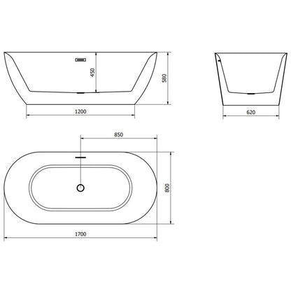 Fritstående badekar Mexen Roxy 170 x 80 cm hvid/sort med overløb gun gray børstet 1 stk.