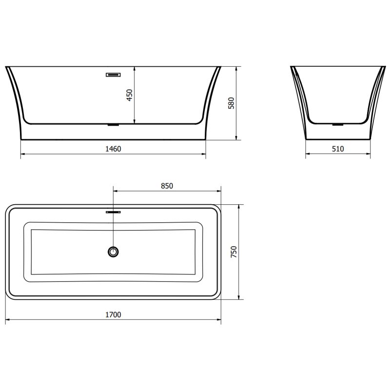 Fritstående badekar Mexen Tonia 170 x 75 cm hvid/sort med overløb gun metal 1 stk.