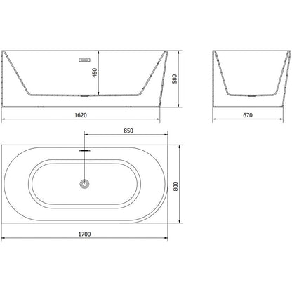 Venstrevendt fritstående hjørnebadekar Mexen Mia 170 x 80 cm hvid/sort med guldoverløb, 1 stk.