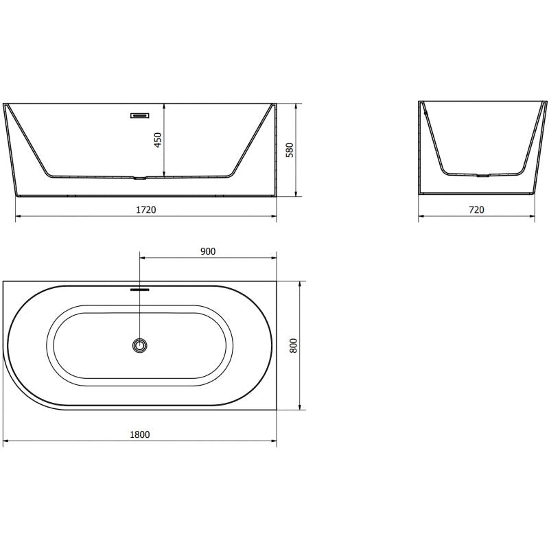 Højre hjørne fritstående badekar Mexen Mia 180 x 80 cm hvid/sort med gun gray børstet overløb, 1 stk.