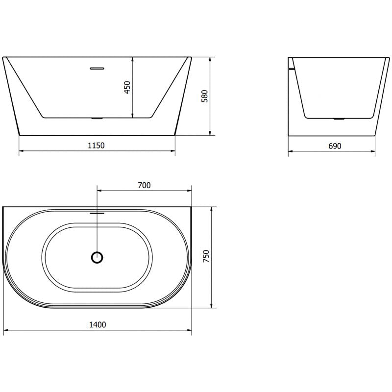 Mexen Oval fritstående vægmonteret badekar 140 x 75 cm hvid/sort med overløb gun gray børstet 1 stk.