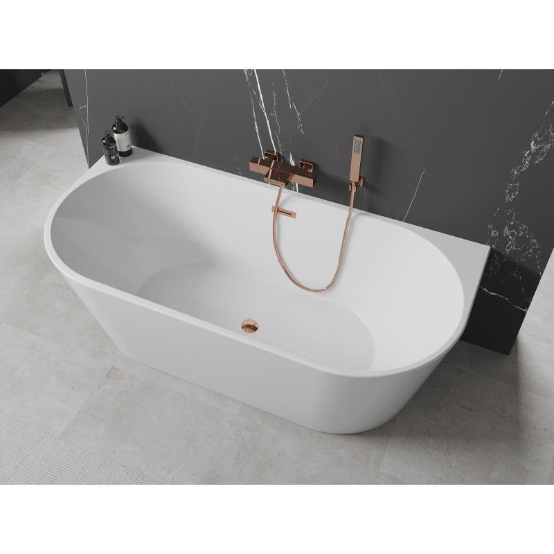 Mexen Oval fritstående vægmonteret badekar 150 x 75 cm hvid med overløb i rosa guld, 1 stk.