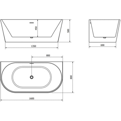 Mexen Oval fritstående vægmonteret badekar 160 x 80 cm hvid/sort med overløb gun gray børstet 1 stk.