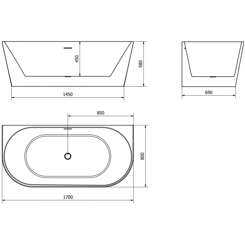 Mexen Oval fritstående vægmonteret badekar 170 x 80 cm hvid med overløb i gun metal, 1 stk.