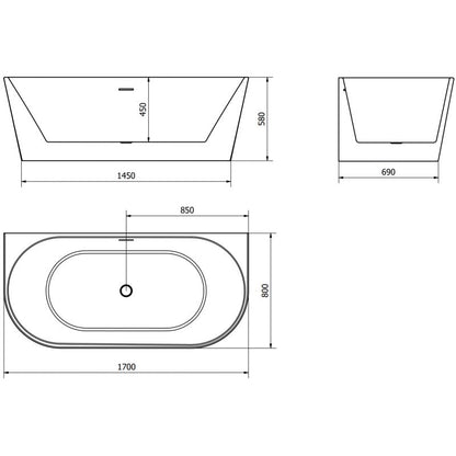 Mexen Oval fritstående vægmonteret badekar 170 x 80 cm hvid med overløb i gun metal, 1 stk.