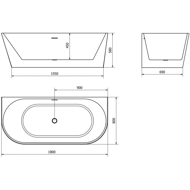 Mexen Oval fritstående vægmonteret badekar 180 x 80 cm hvid/sort med gun gray børstet overløb, 1 stk.