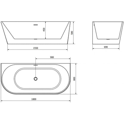 Mexen Oval fritstående vægmonteret badekar 180 x 80 cm hvid/sort med gun gray børstet overløb, 1 stk.