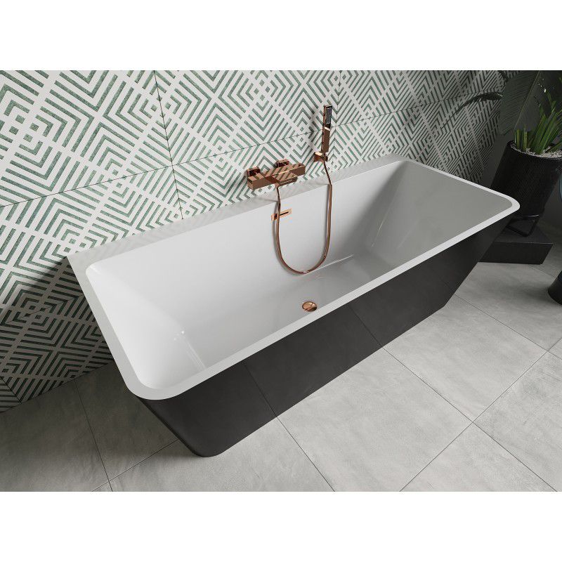 Mexen Volta fritstående vægmonteret badekar 170 x 75 cm hvid/sort med overløb i rosaguldfinish, 1 stk.