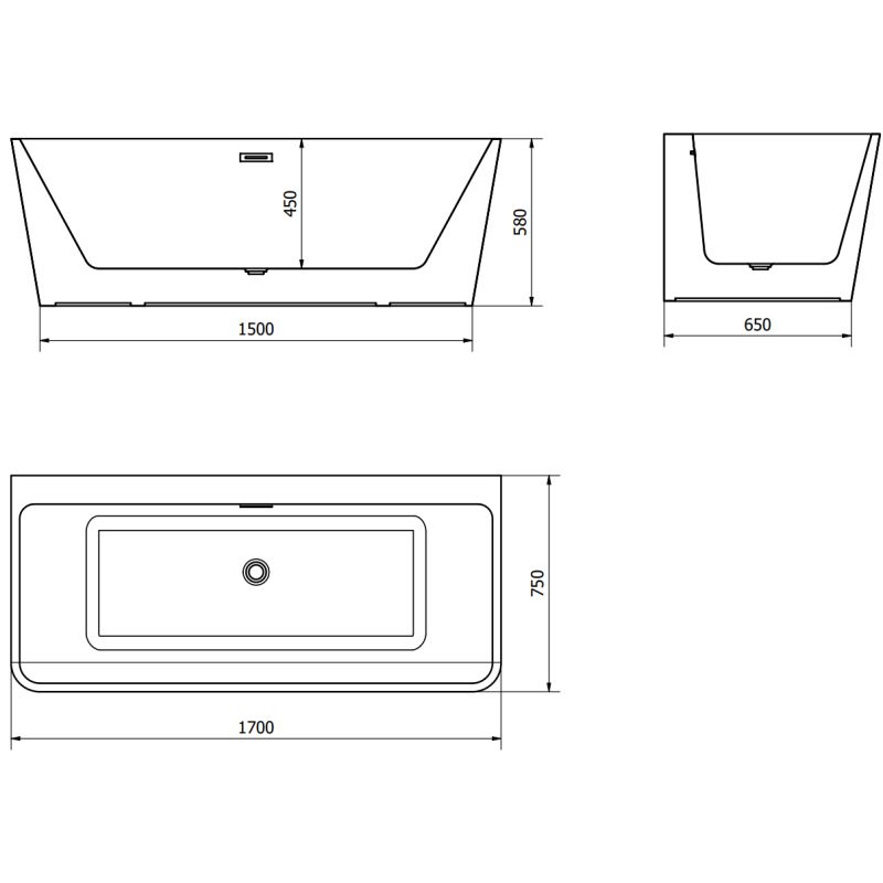 Mexen Volta fritstående vægmonteret badekar 170 x 75 cm hvid med gun gray børstet overløb, 1 stk.