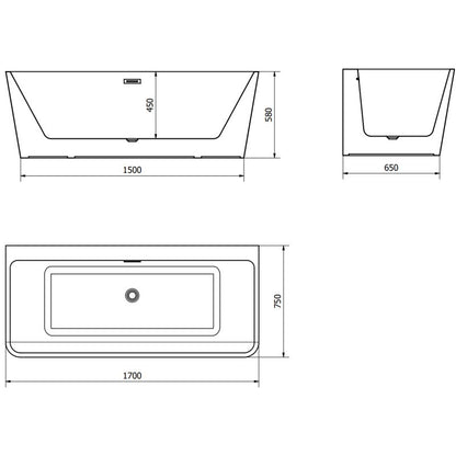 Mexen Volta fritstående vægmonteret badekar 170 x 75 cm hvid med gun gray børstet overløb, 1 stk.