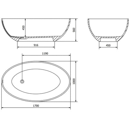 Fritstående badekar i konglomerat Mexen Prato 170 x 100 cm mat sort 1 stk.
