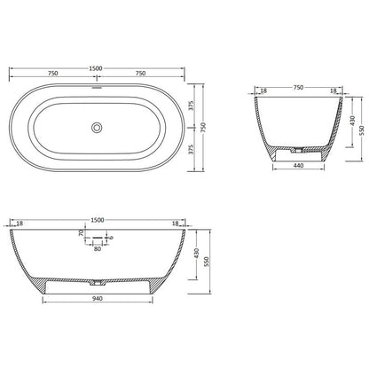 Fritstående badekar i komposit Mexen Rimini 150 x 75 cm mat sort 1 stk.
