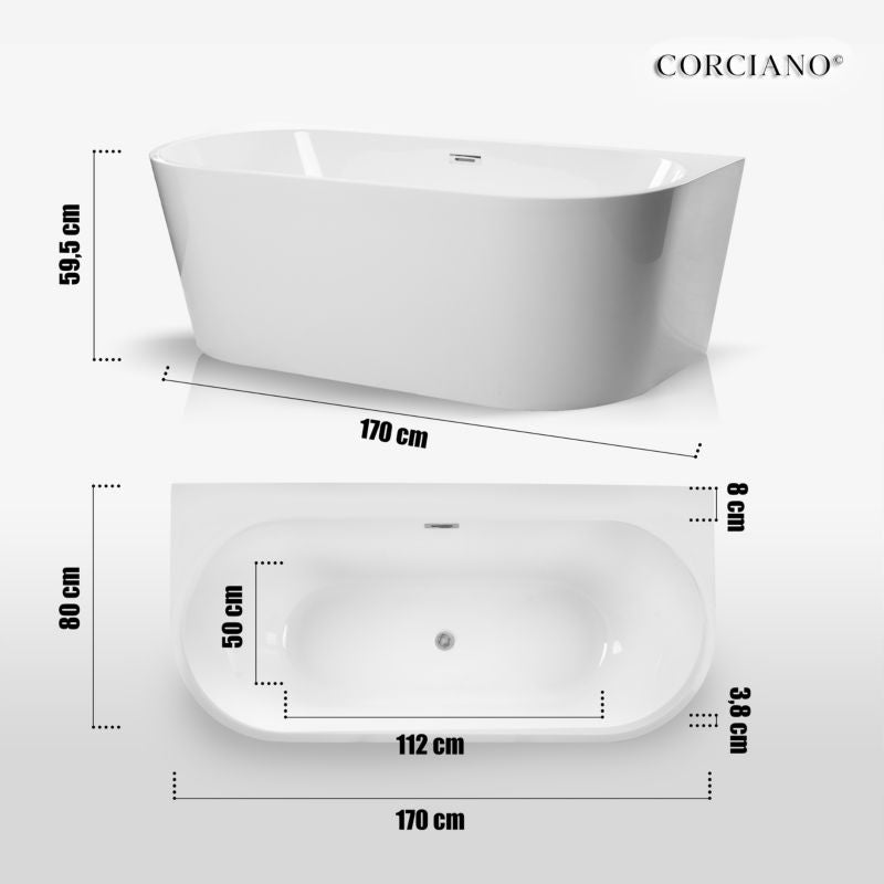 Fritstående badekar Corciano Pari 170x80 cm med sorte detaljer, 1 stk.