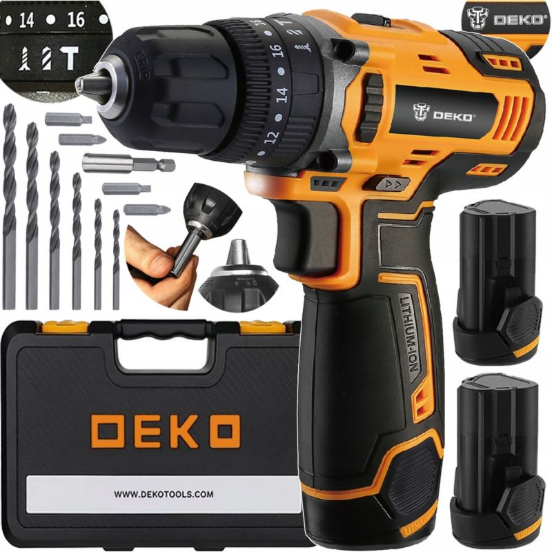 DEKO slagboremaskine og skruemaskine 28 Nm 2x 1,5 Ah batterier 12 V komplet sæt