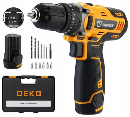 DEKO slagboremaskine og skruemaskine 28 Nm 2x 1,5 Ah batterier 12 V komplet sæt