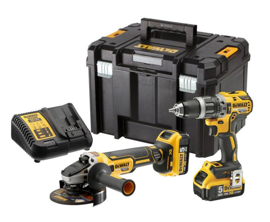 DeWalt boremaskine og vinkelsliber sæt med 2 x 5,0 Ah batterier