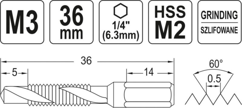 Boremaskinegevindskærer til metal Yato M3 hex