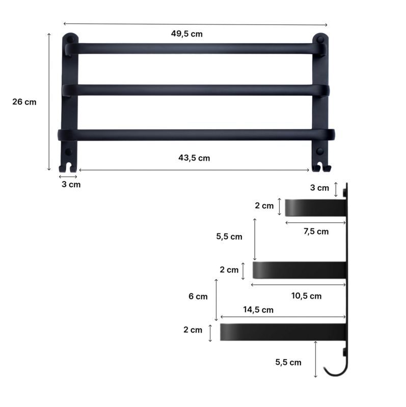Væghængt Håndklædeholder Aluminium Mat Sort 3 Arme 26 cm