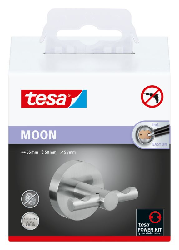 Tesa Moon badekåbehænger i sølv rustfrit stål med vandtæt Tesa® Power.Kit krog