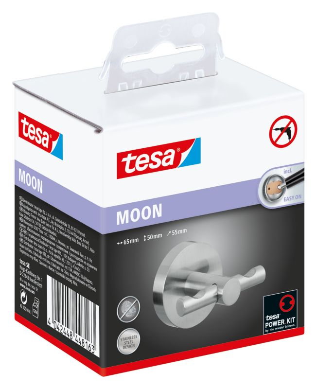 Tesa Moon badekåbehænger i sølv rustfrit stål med vandtæt Tesa® Power.Kit krog