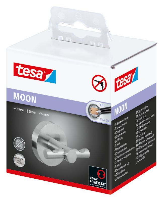 Tesa Moon badekåbehænger i sølv rustfrit stål med vandtæt Tesa® Power.Kit krog